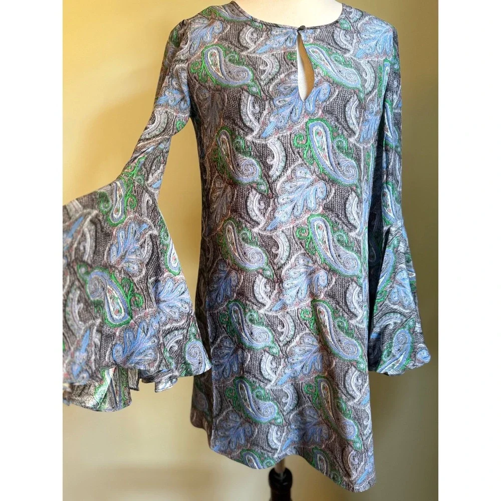 Elizabeth James Paisley boho blue xs Bell Silk Mini Dress‎ cottage fairy Y2K